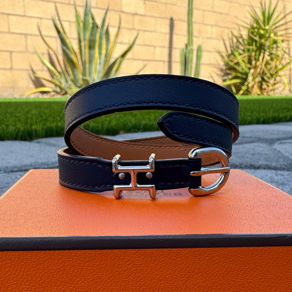 Hermes : Trench Double Tour Bleu Tie Swift Leather Bracelet